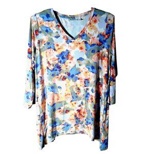 LOGO Goldstein Womens Floral V Neck Knit Rayon Tunic Top Size L Sharkbite